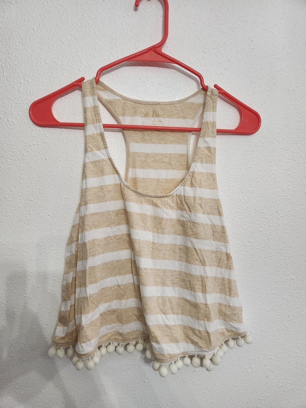 Lilly Pulitzer Shirley Pom Pom Crop Top Striped Racerback Tan White Size XS
